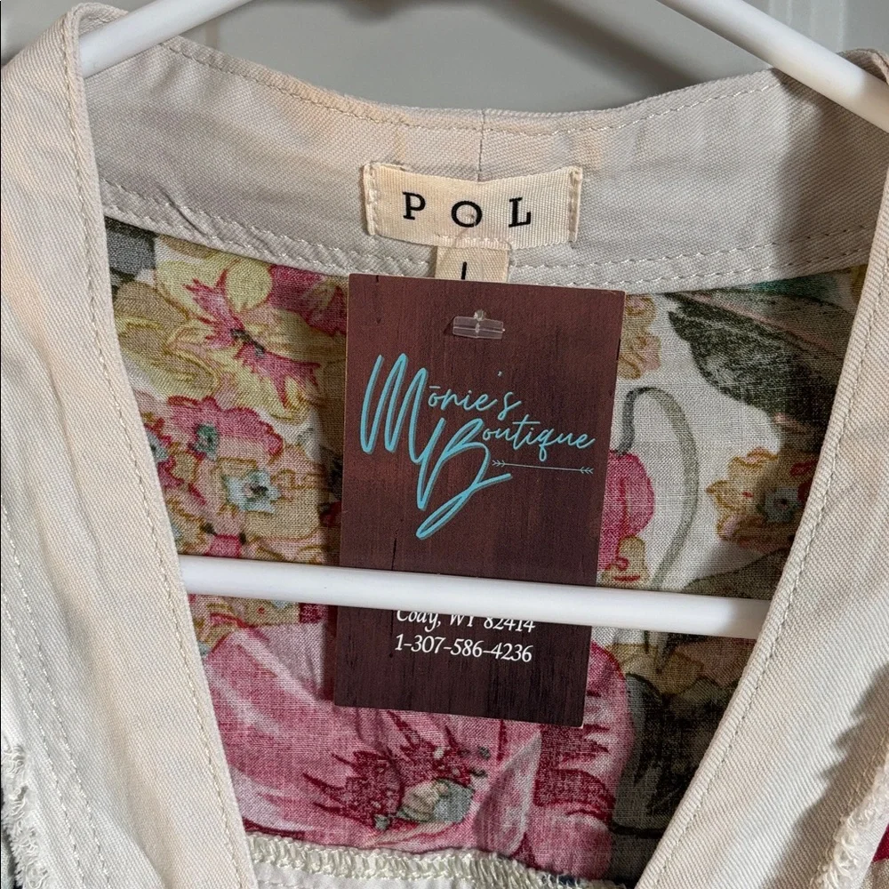 POL Mixed-Print Button-Down Shirt Jacket in Navy, Cream & Pink - Picture 2 of 3